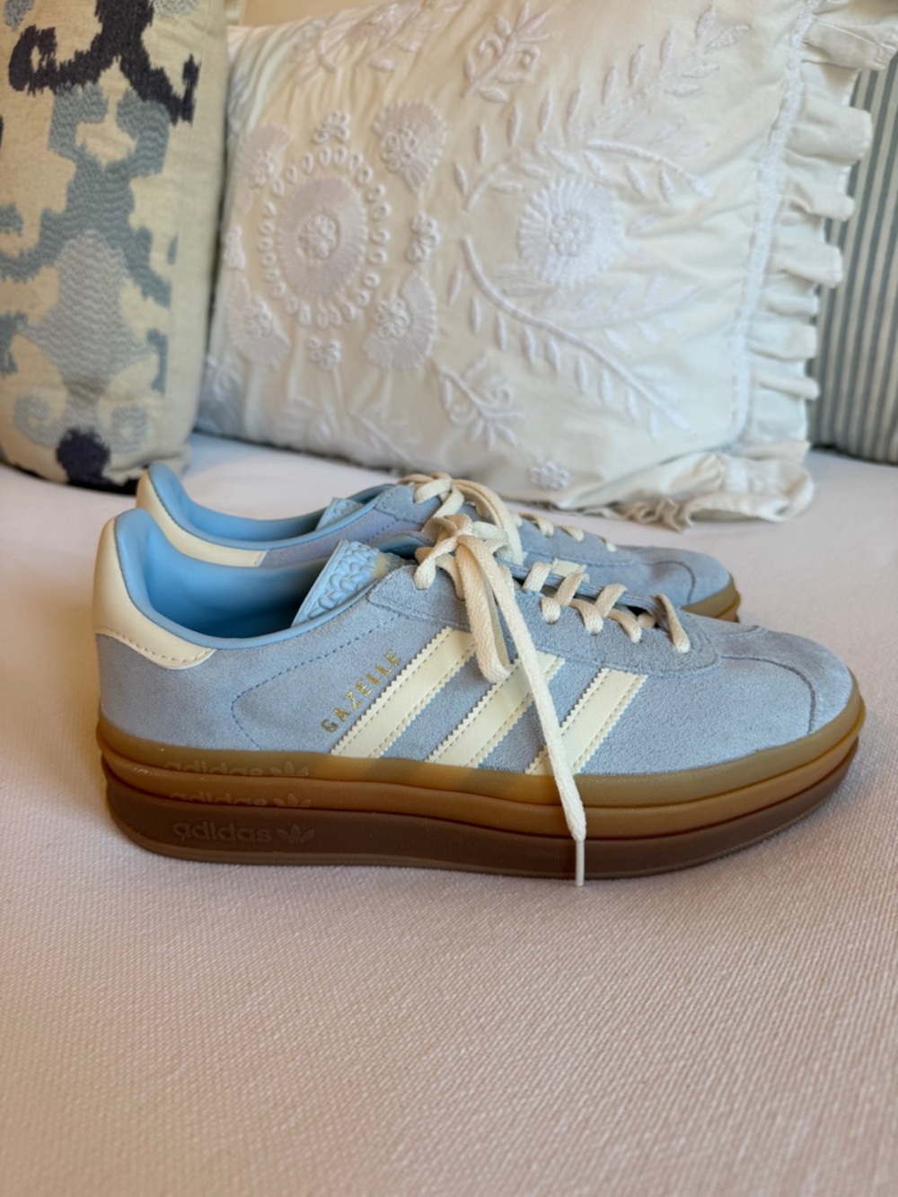 adidas Gazelle Platform Sneakers in Light Blue & Cream with Gum Sole